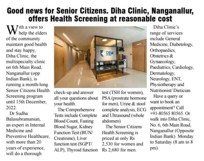 Senior Citizens Health Services at Diha Clinic, Nanganallur, Chennai