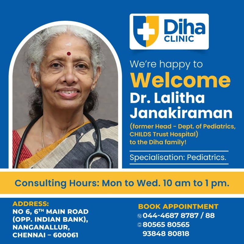 Pediatrics specialist at Diha Clinic, Nanganallur, Chennai, providing expert child care.